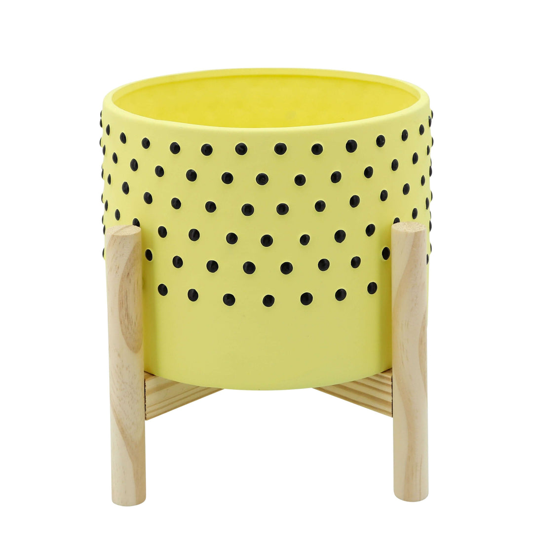   8" Dotted Planter W/ Wood Stand, Yellow