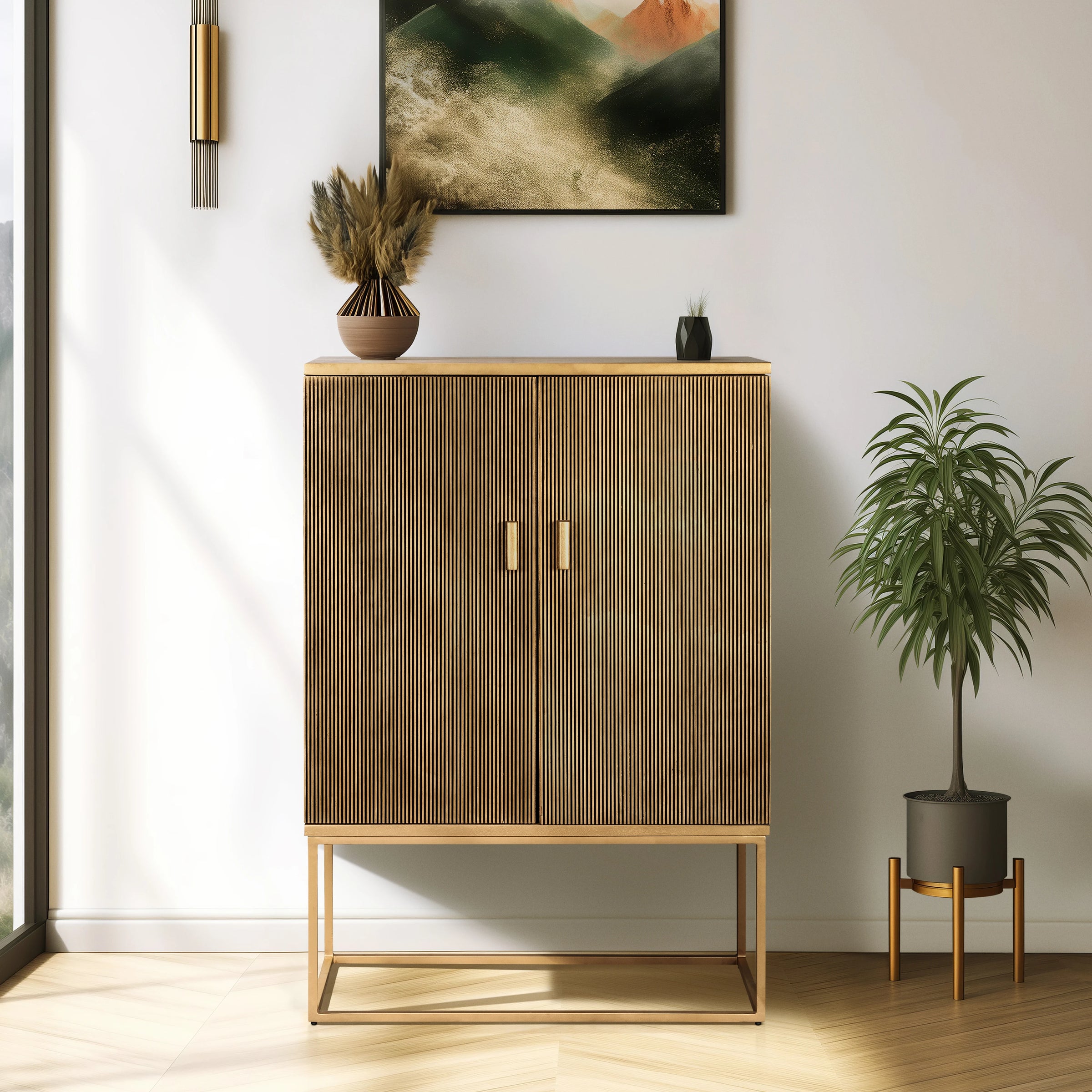 Natural Mango Accent Cabinet In Open Room With Back Wall Shelf With Decor Items