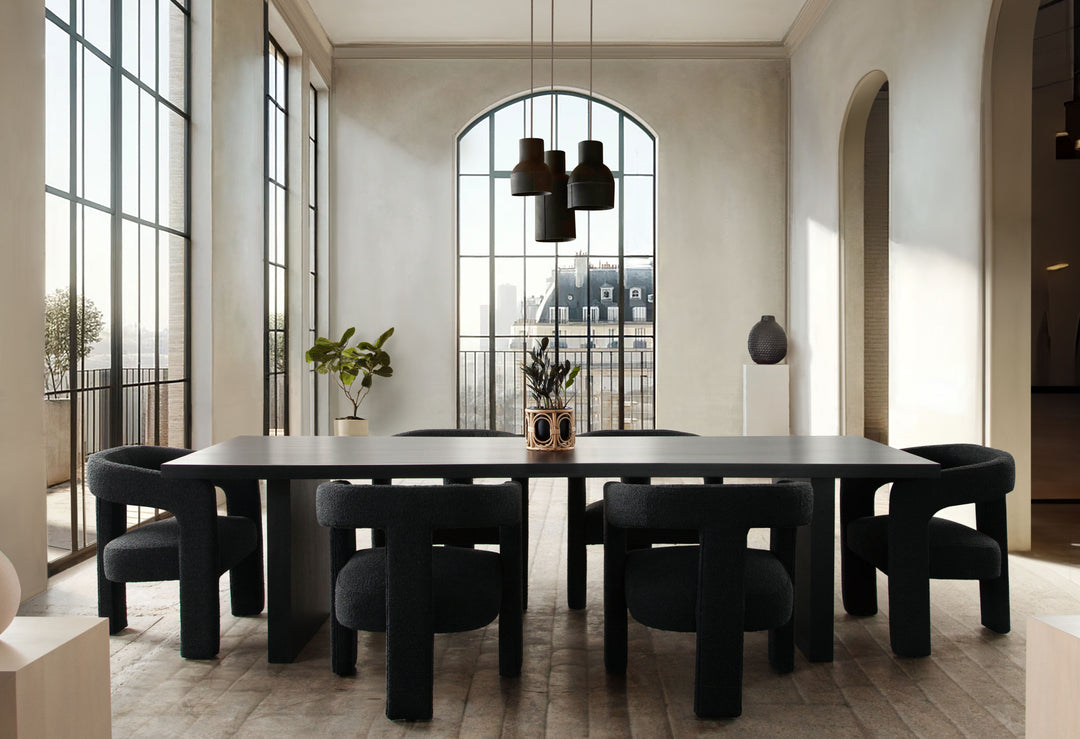Rectangular Walnut Dining Table With Iron Base With Six dark grey side chairs