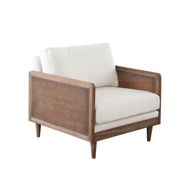 Piper Seating Collection in White Linen Fabric w/ Natural Rattan