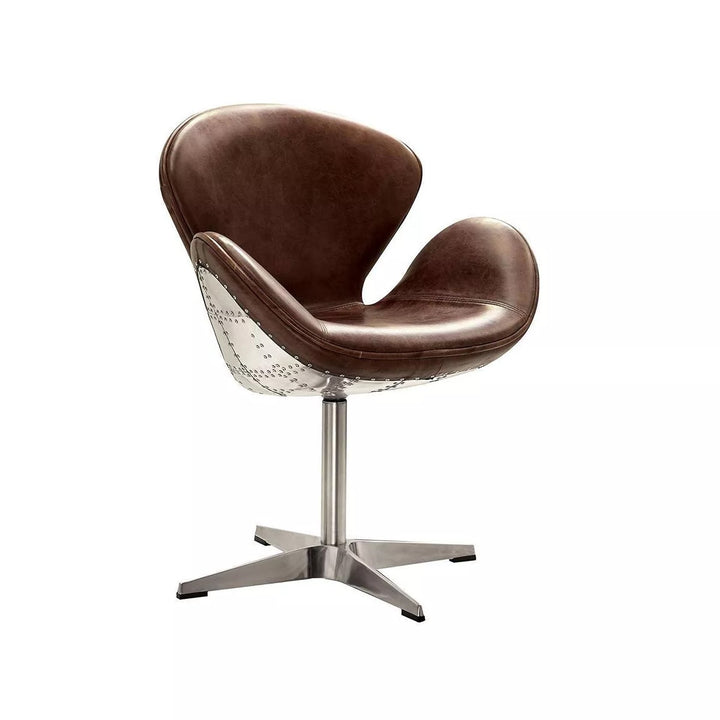 Brancaster Retro Brown Top Grain Leather and Aluminum Swivel Arm Chair
