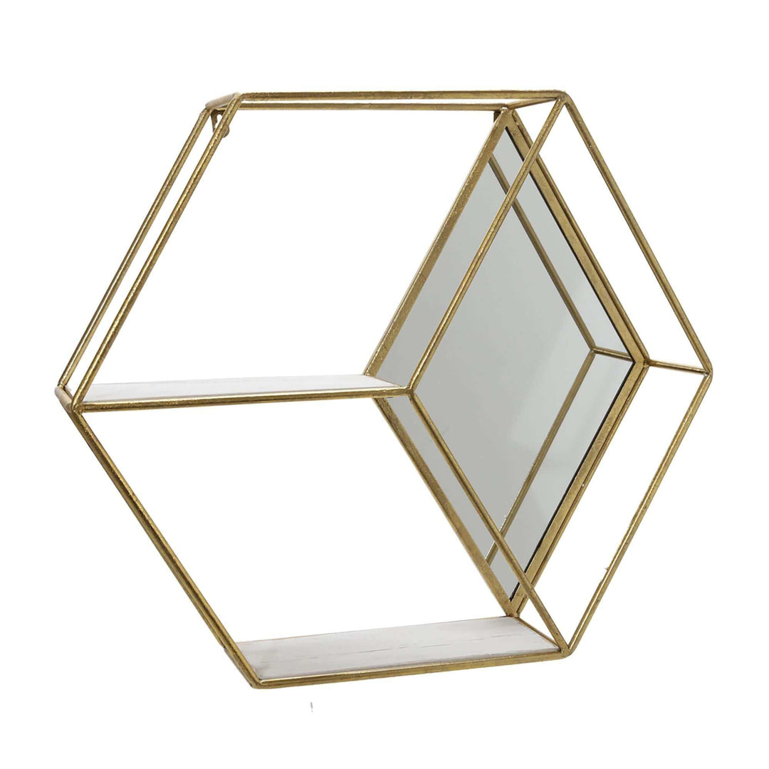 Metal/wood 20" Hexagon Mirrored Wall Shelf, Gold