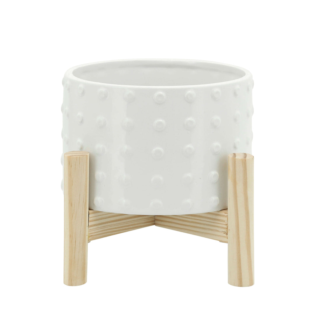 6" Ceramic Dotted Planter W/ Wood Stand, White