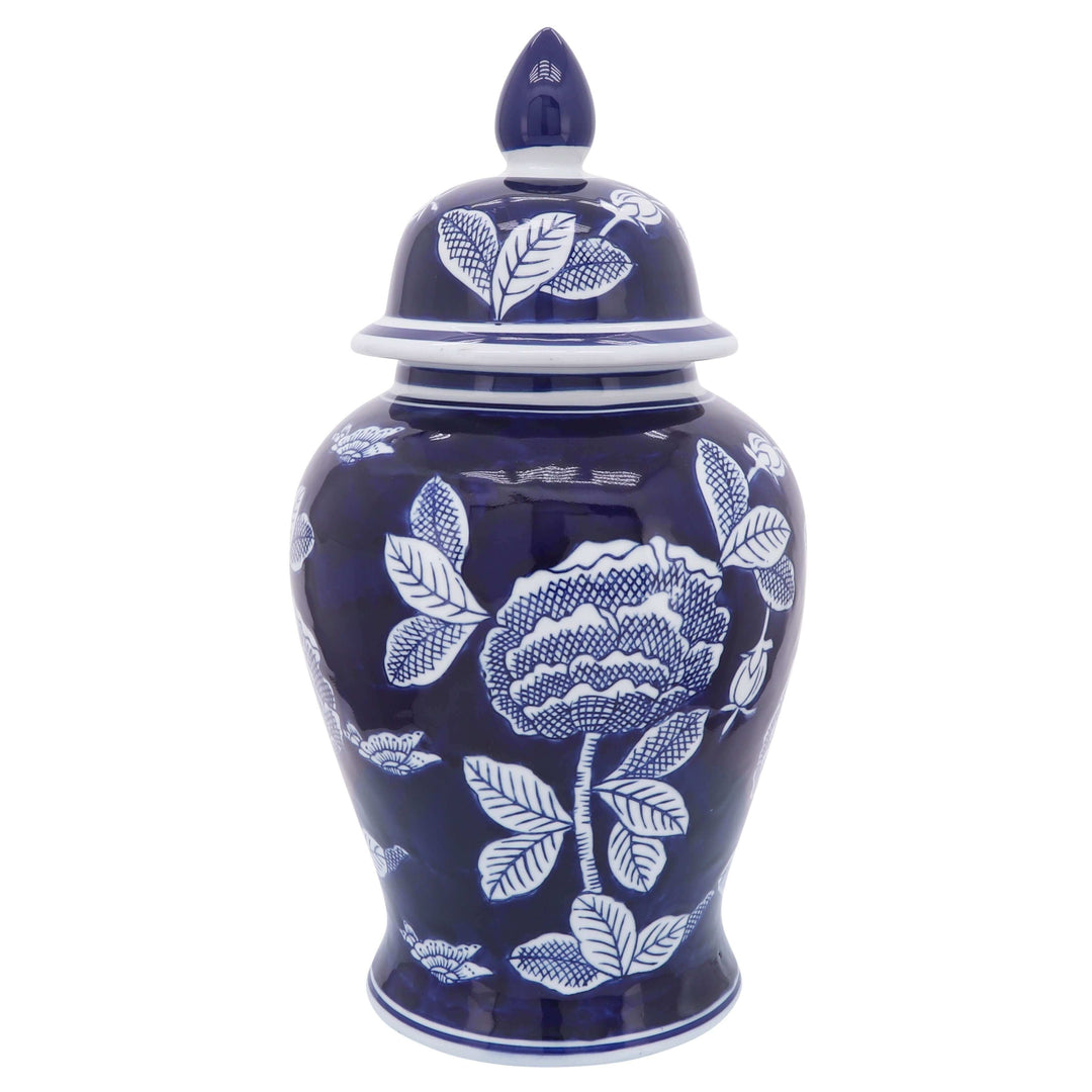 Cer, 18"h Flower Temple Jar, Wht/blu