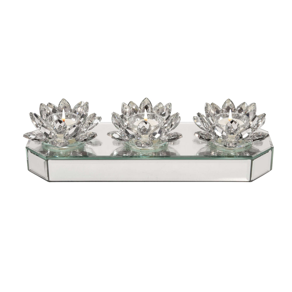 Glass 13" 3 Lotus Mirrored Candle Holder, Silver