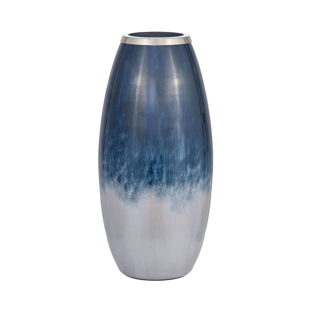 Glass,18"h Vase W/metal Rim, Blue/wht Ombre