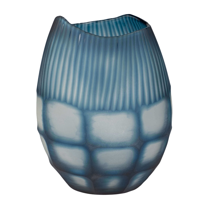 Glass, 12" Carved Vase Blue