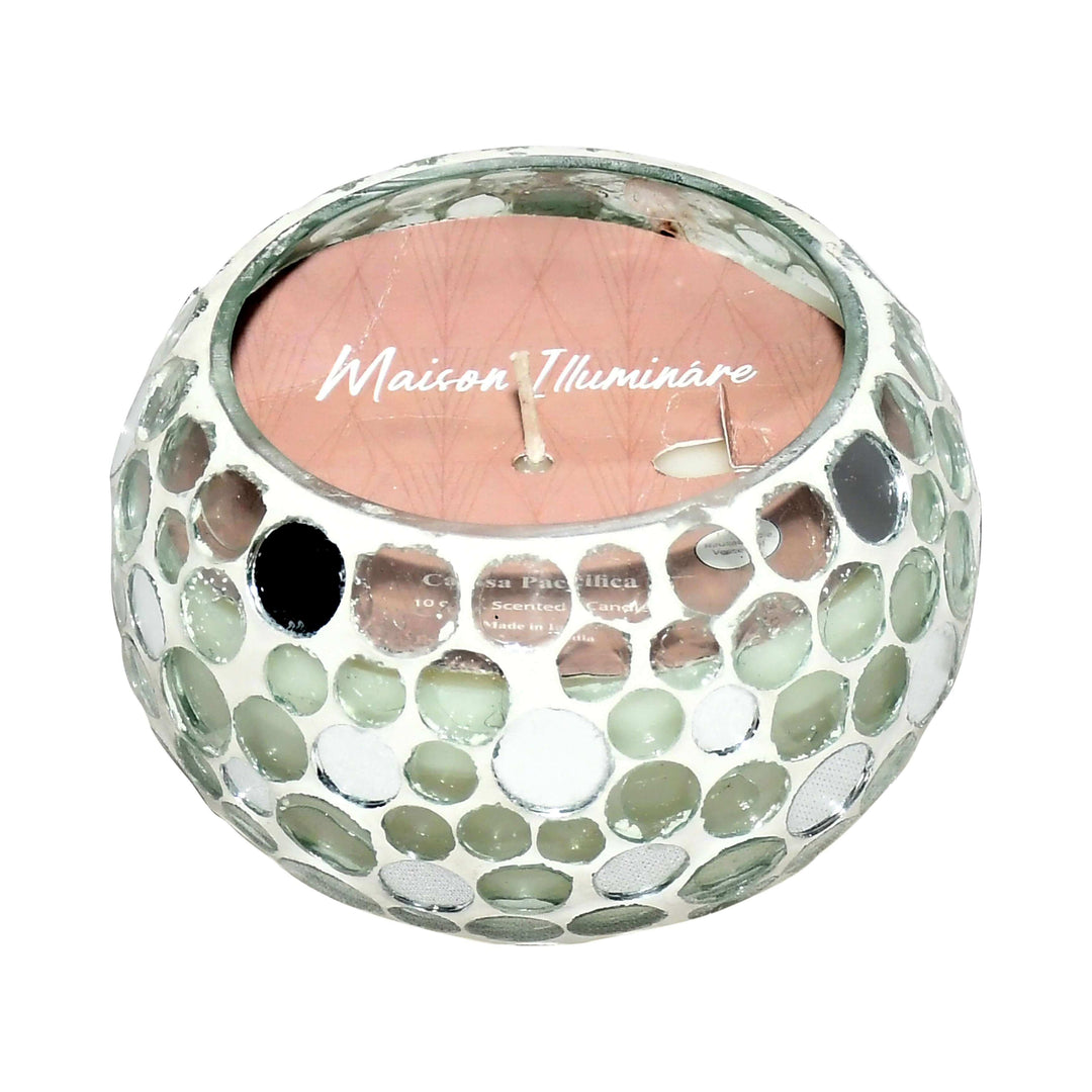 Glass, 4" 10 Oz Circle Mosaic Scented Candle, Silv