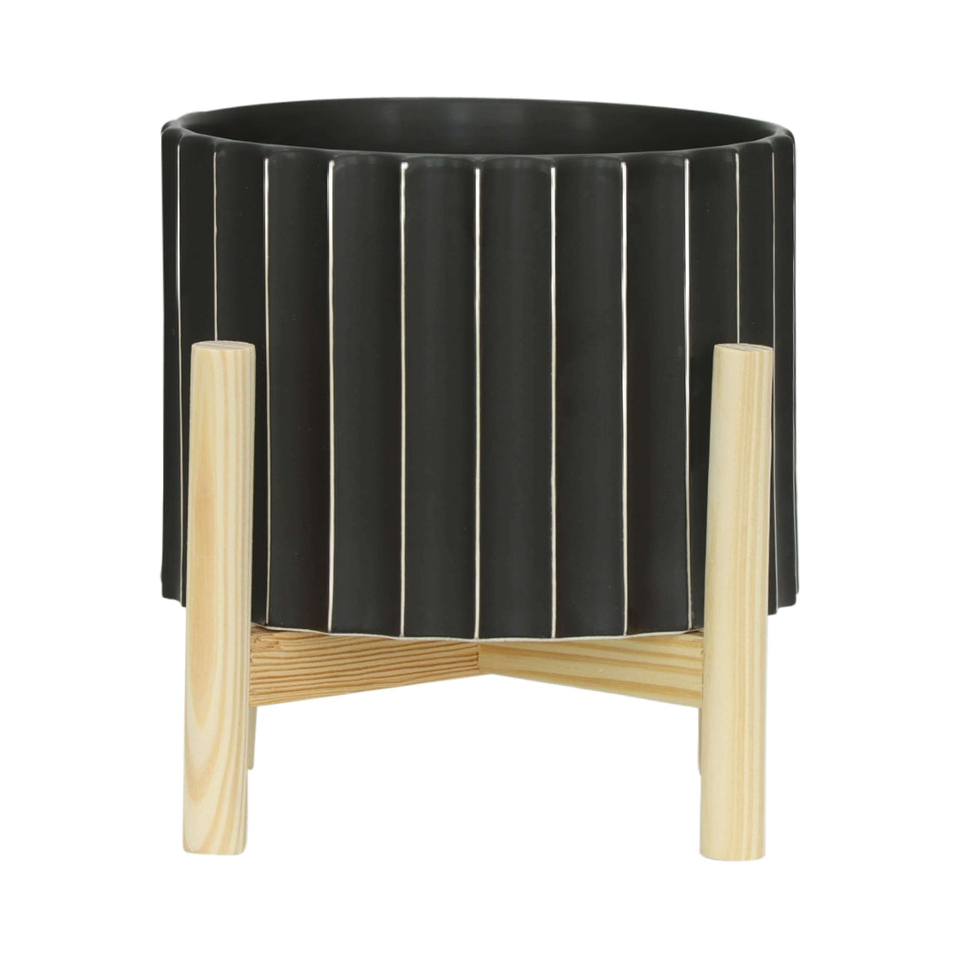 8" Ceramic Fluted Planter W/ Wood Stand, Black