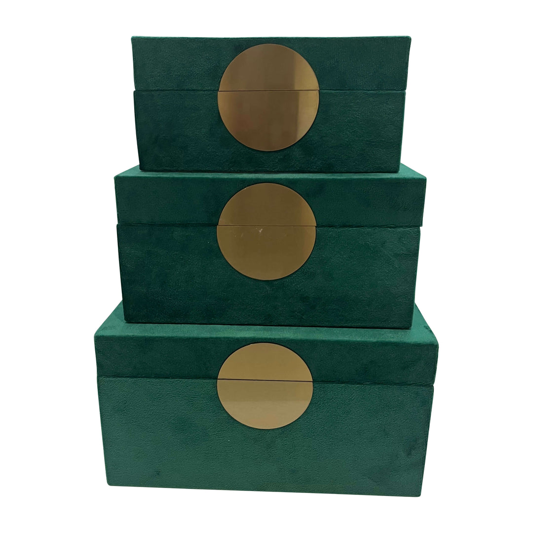 S/3 7/8/9" Velveteen Box W/ Round Medallion, Green