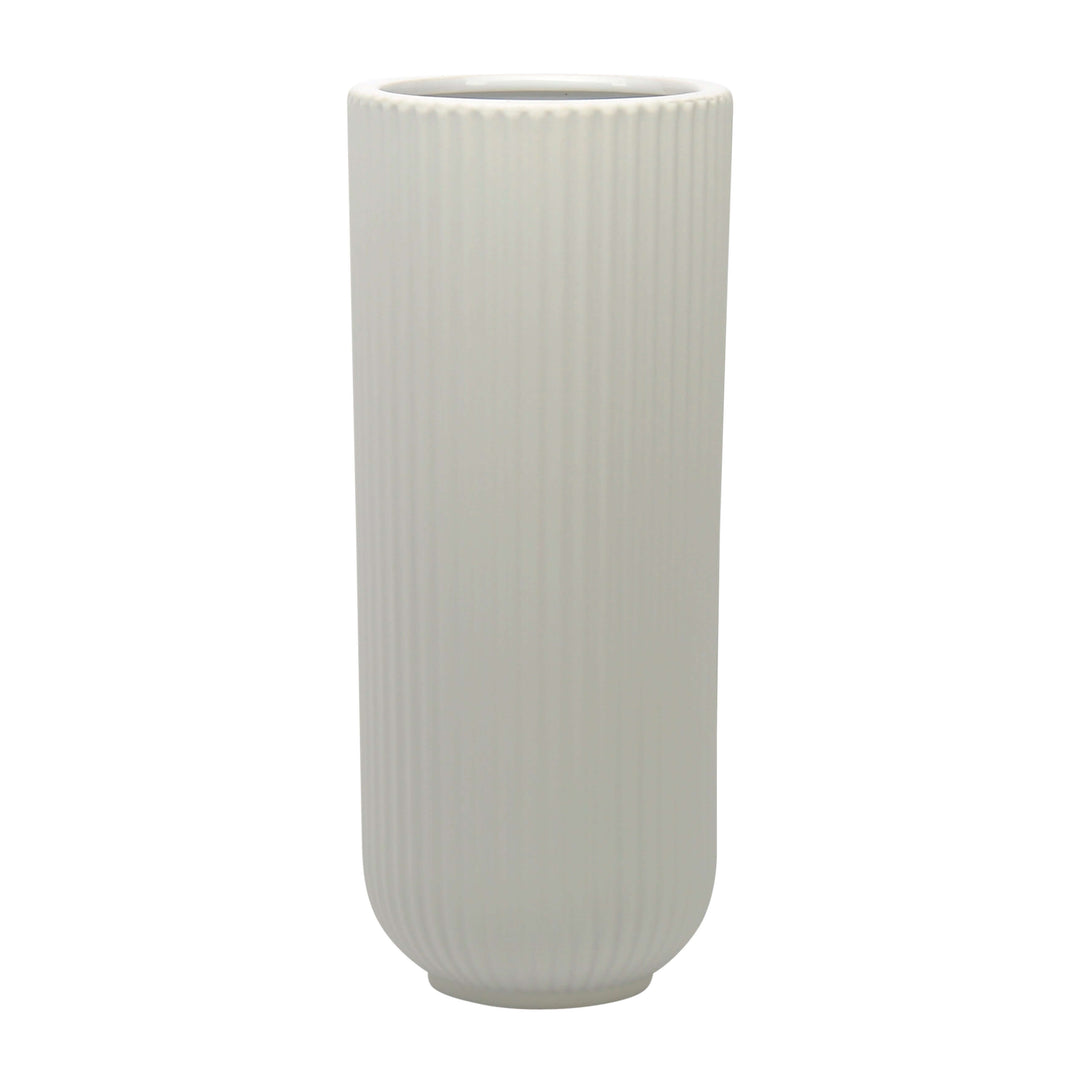 Cer, 11"h Ridged Vase, White