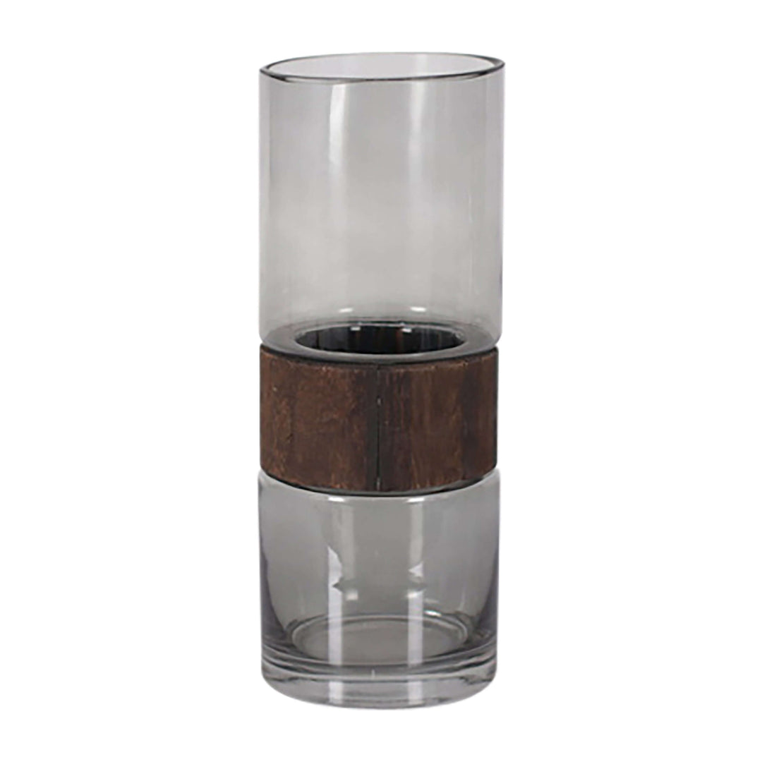 Glass, 10" Cylinder Vase W/ Wood Band, Clear