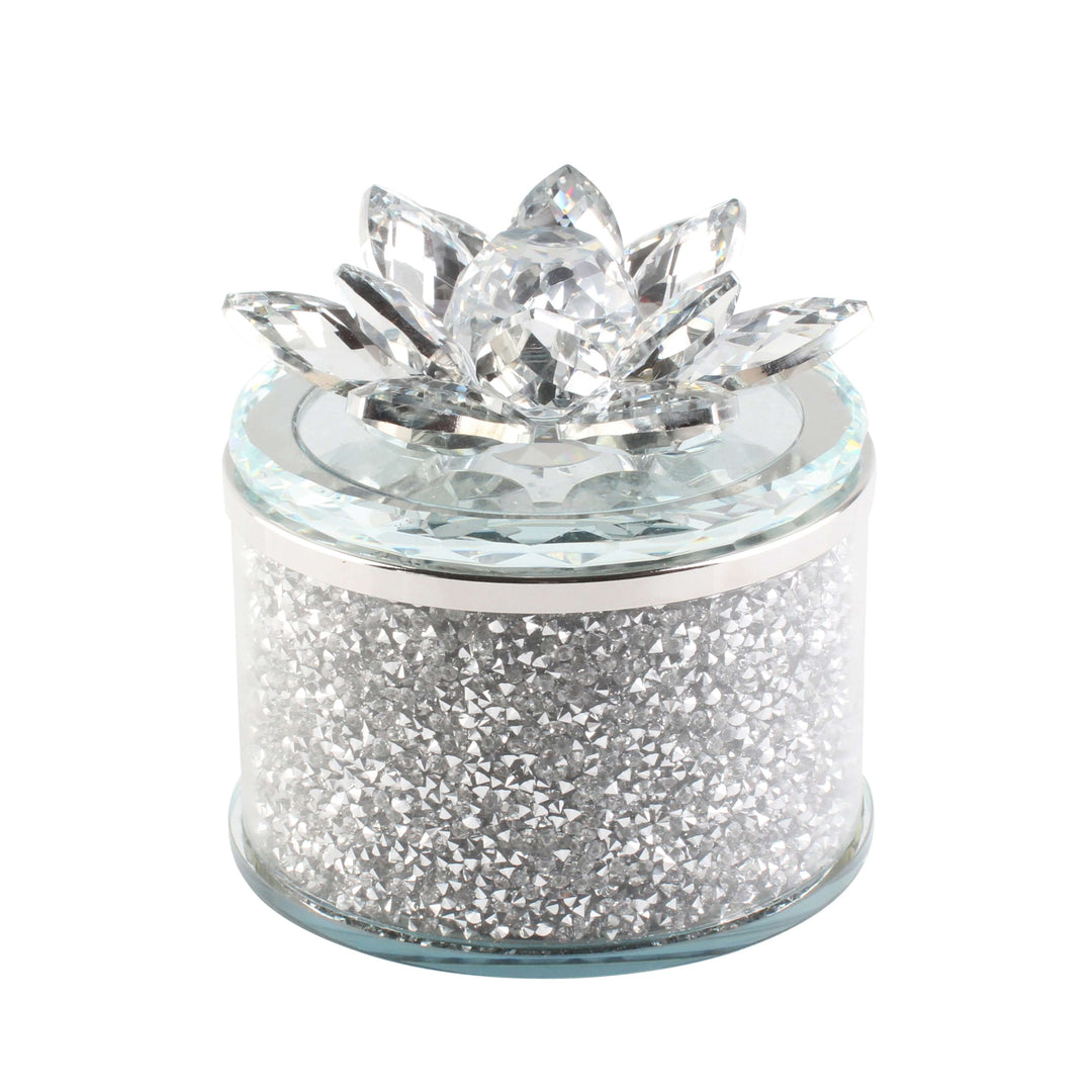 Crystal 4" Round Lotus Box, Silver
