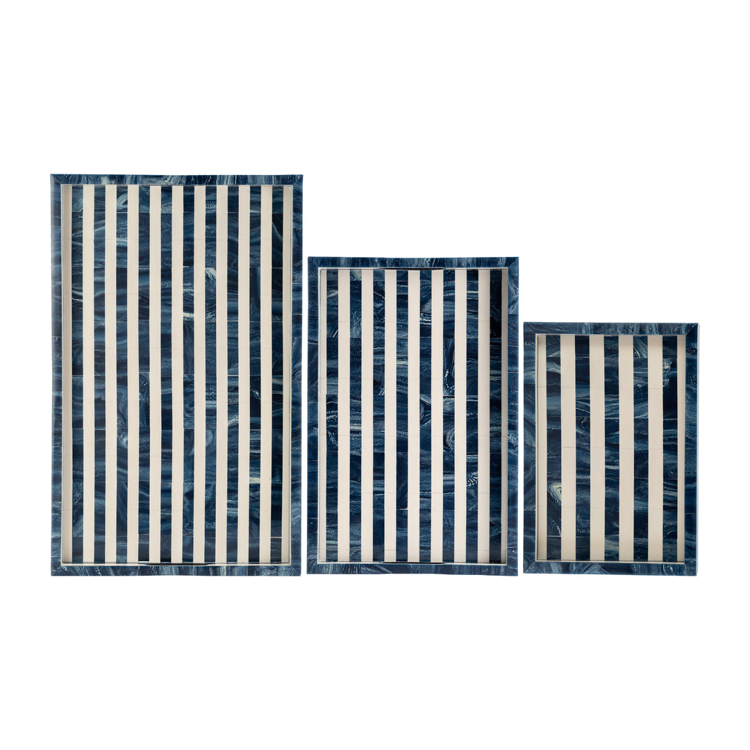 Resin, S/3 13/18/24" Striped Trays, Blue/white
