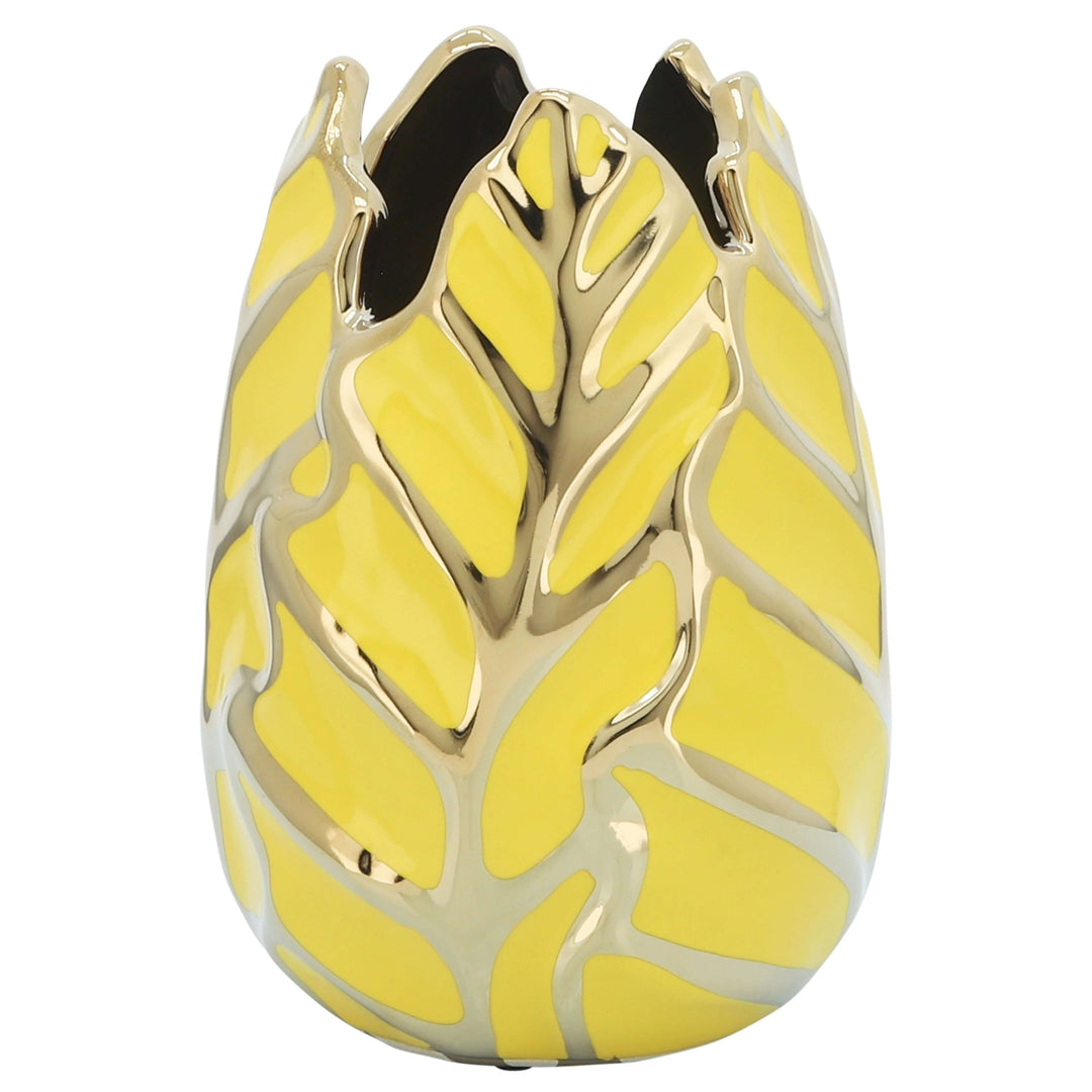 Ceramic 8"h Leaf Vase, Yellow/gold