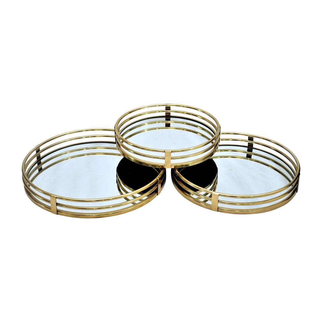 Metal, S/3 14/16/18" Round Mirrored Trays, Gold