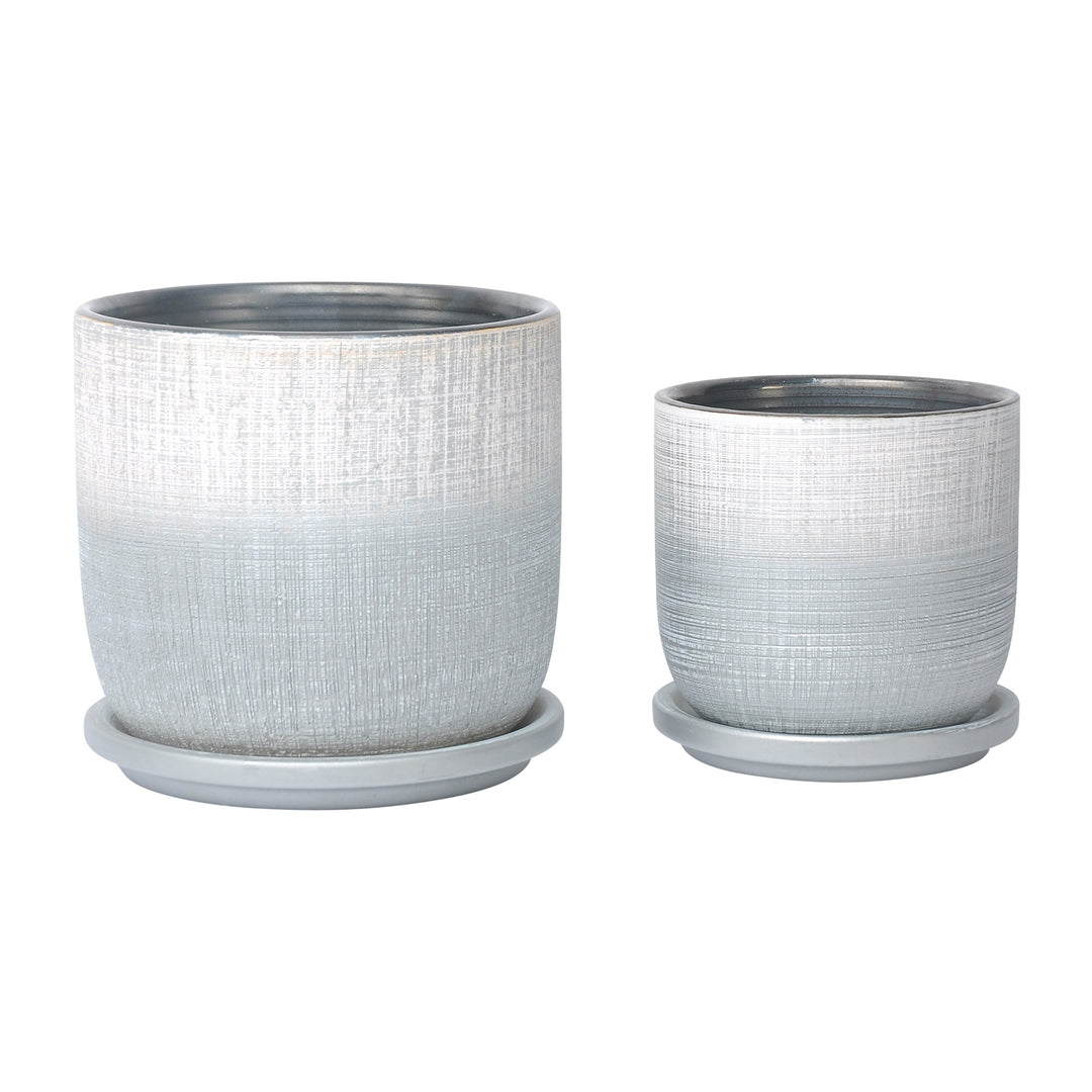 S/2 5/6" Textured Planter With Saucer, Silver