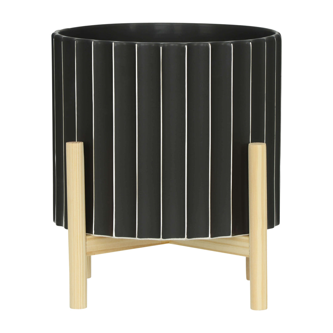 12" Ceramic Fluted Planter W/ Wood Stand, Black