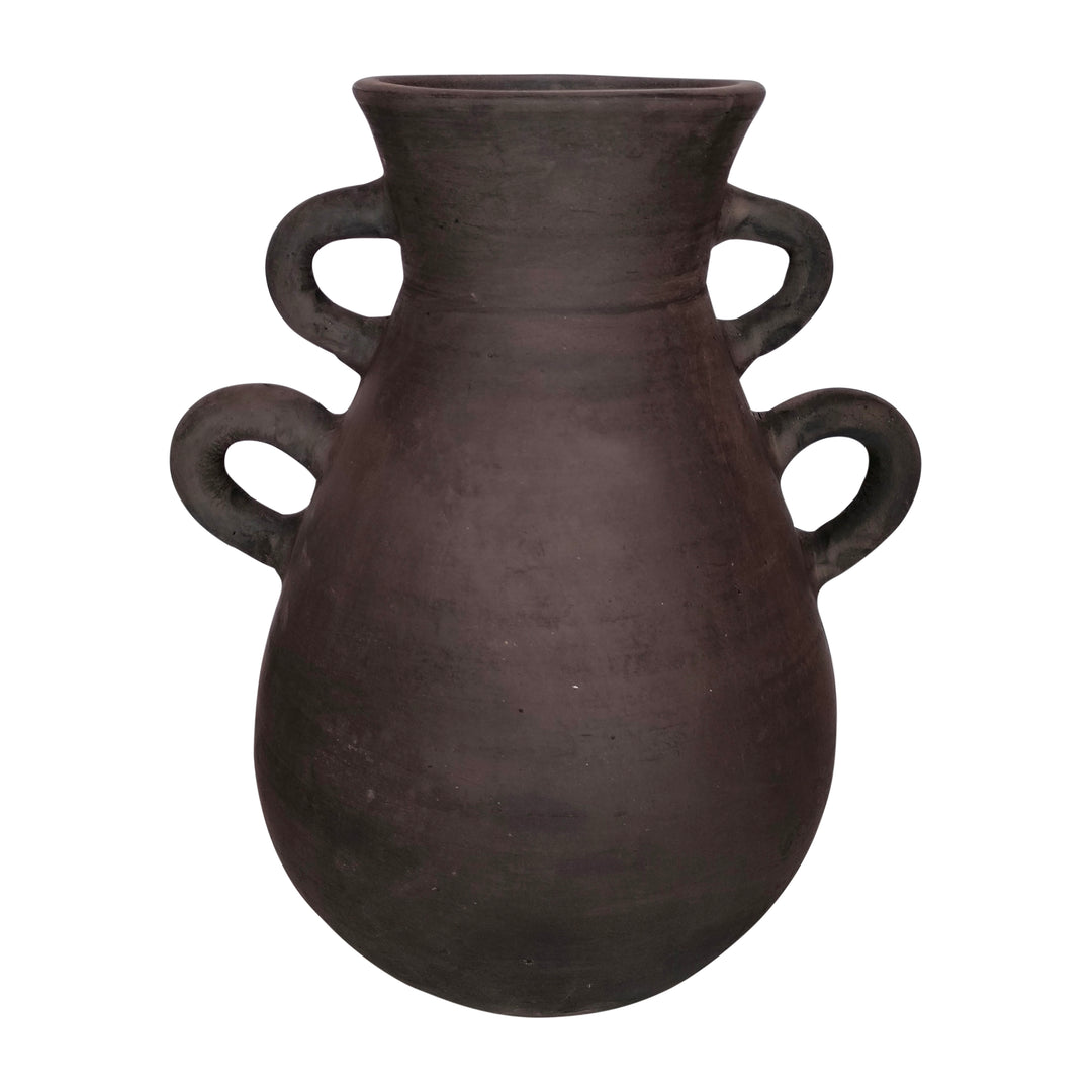 Terracotta, 12" Vase With 4 Handles, Black