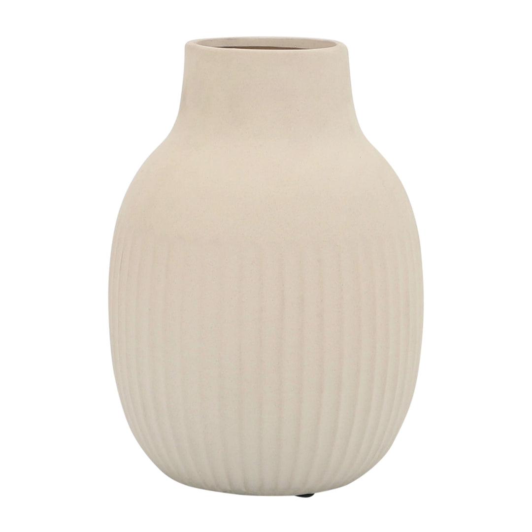 Cer, 9"h Ridged Bulbous Vase, Ivory
