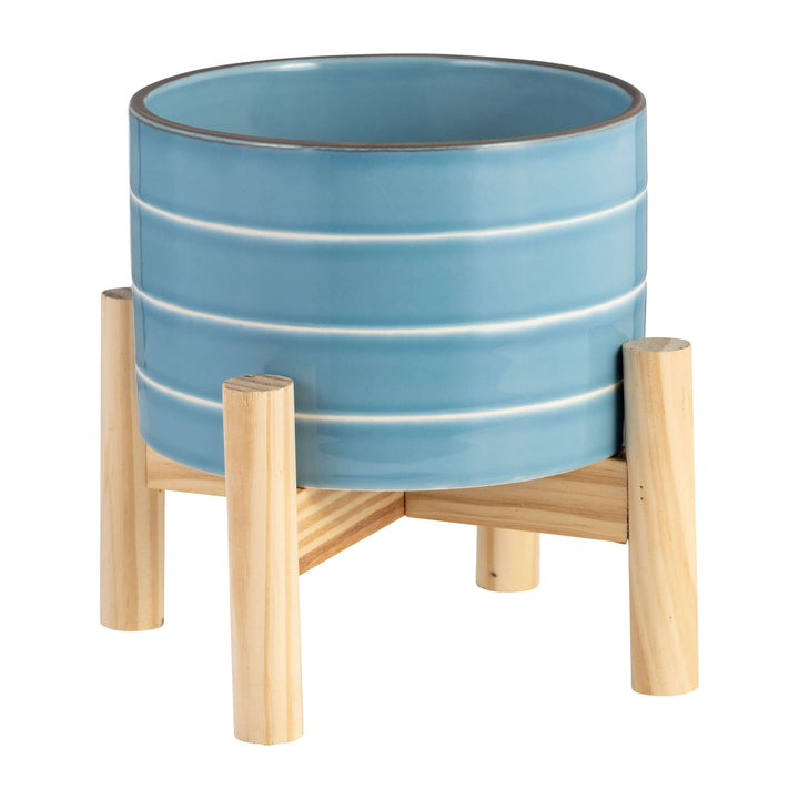   6" Striped Planter W/ Wood Stand, Skyblue