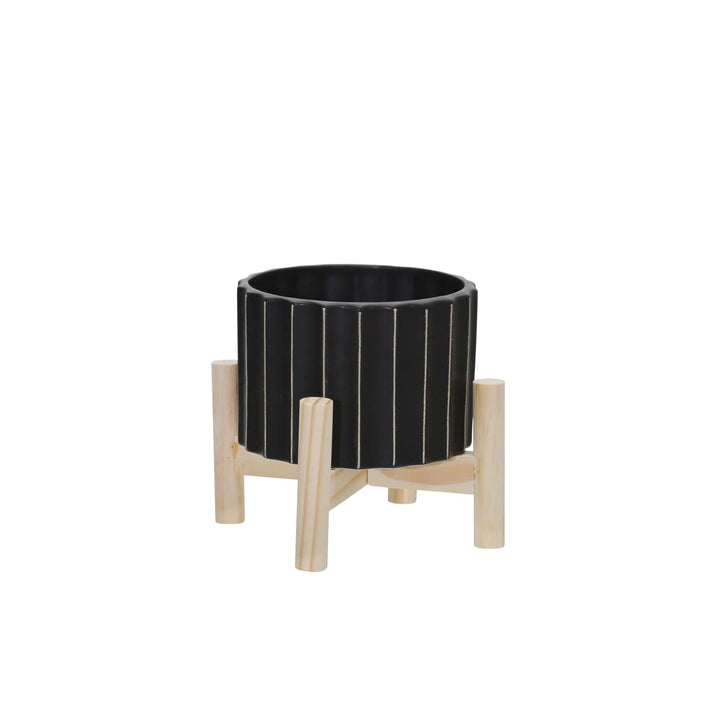 6" Ceramic Fluted Planter W/ Wood Stand, Black