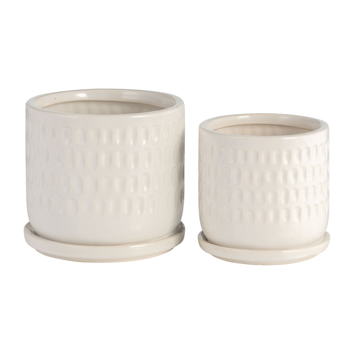 S/2 5/6" Dimpled Planters W/ Saucer, White