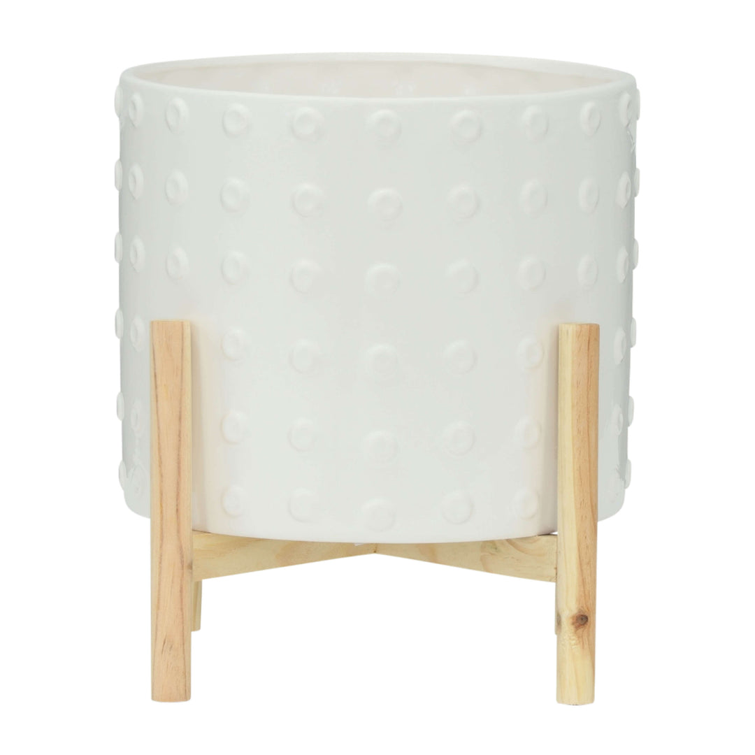 12" Ceramic Dotted Planter W/ Wood Stand, White