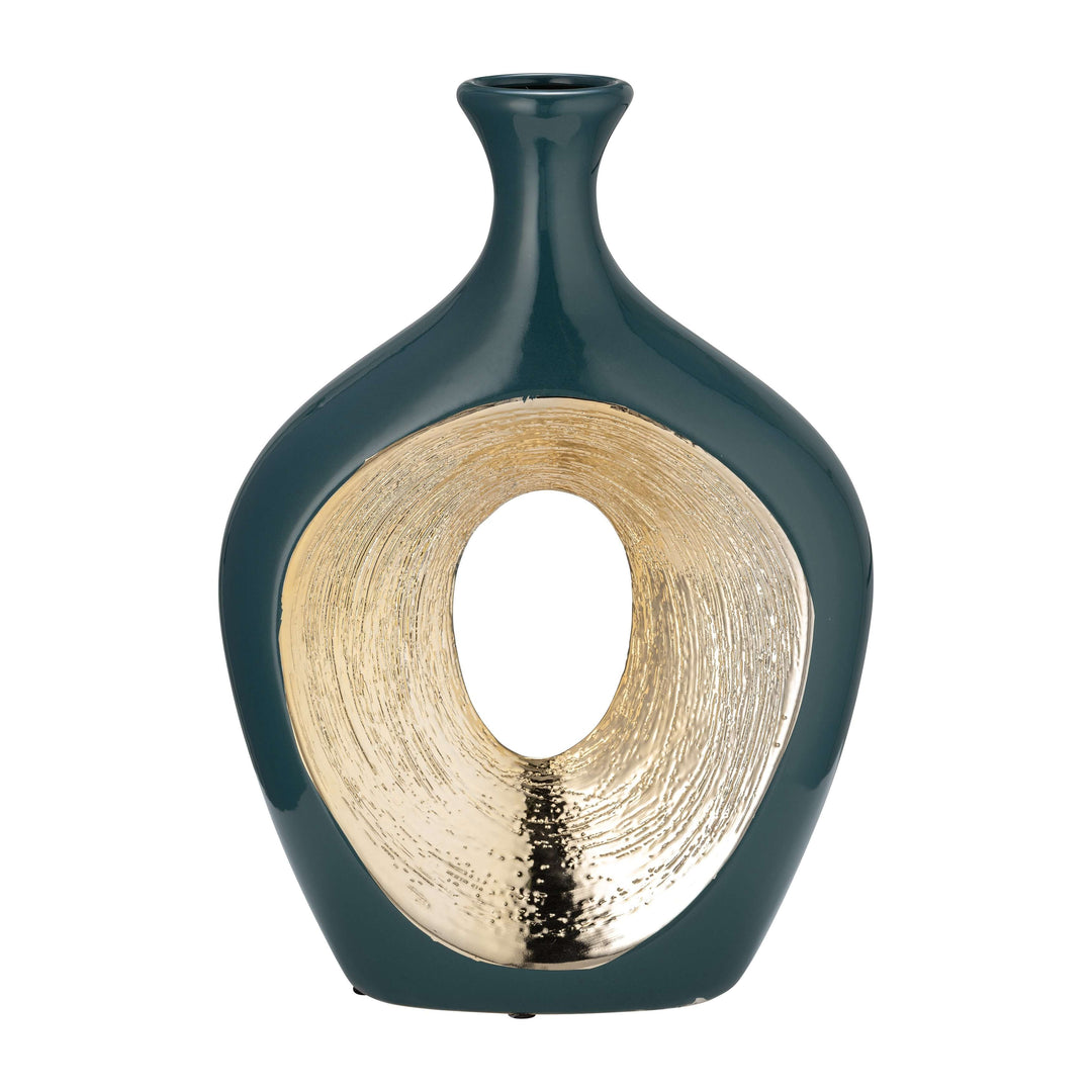 Cer, 13"h 2-tone Scratched Oval Vase, Teal/champgn
