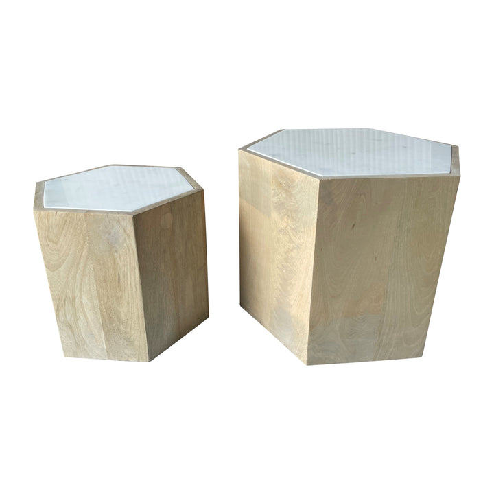 Wood/marble, S/2 14/20" Hexagonla Side Tables, Nat
