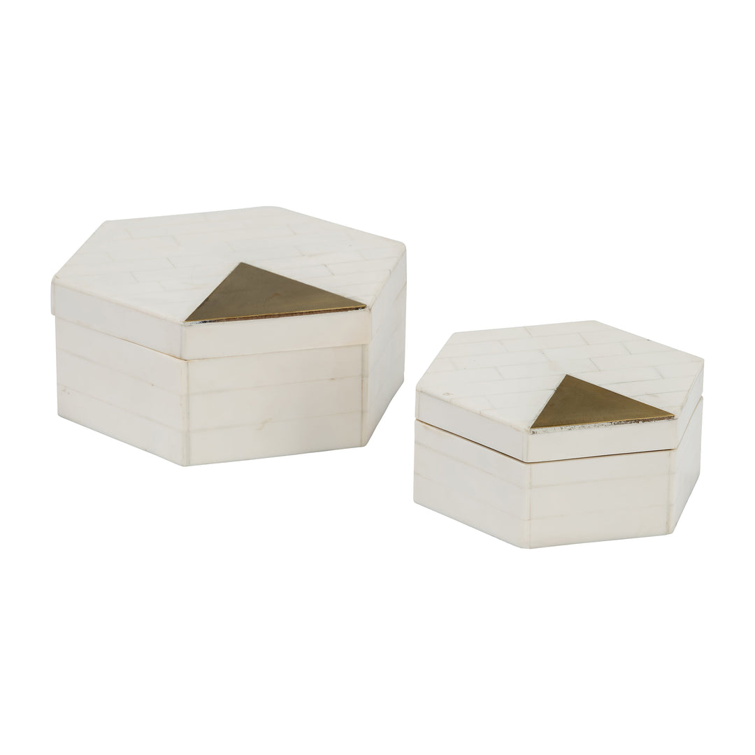 Resin, S/2 5/7" Hxgon Boxes W/brass Inlay, Wht/gld