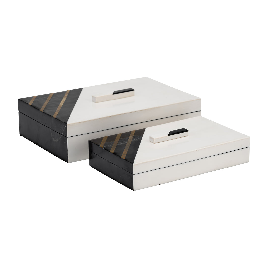 Resin, S/2 10/12" Striped Boxes W/ Knob, Black/whi