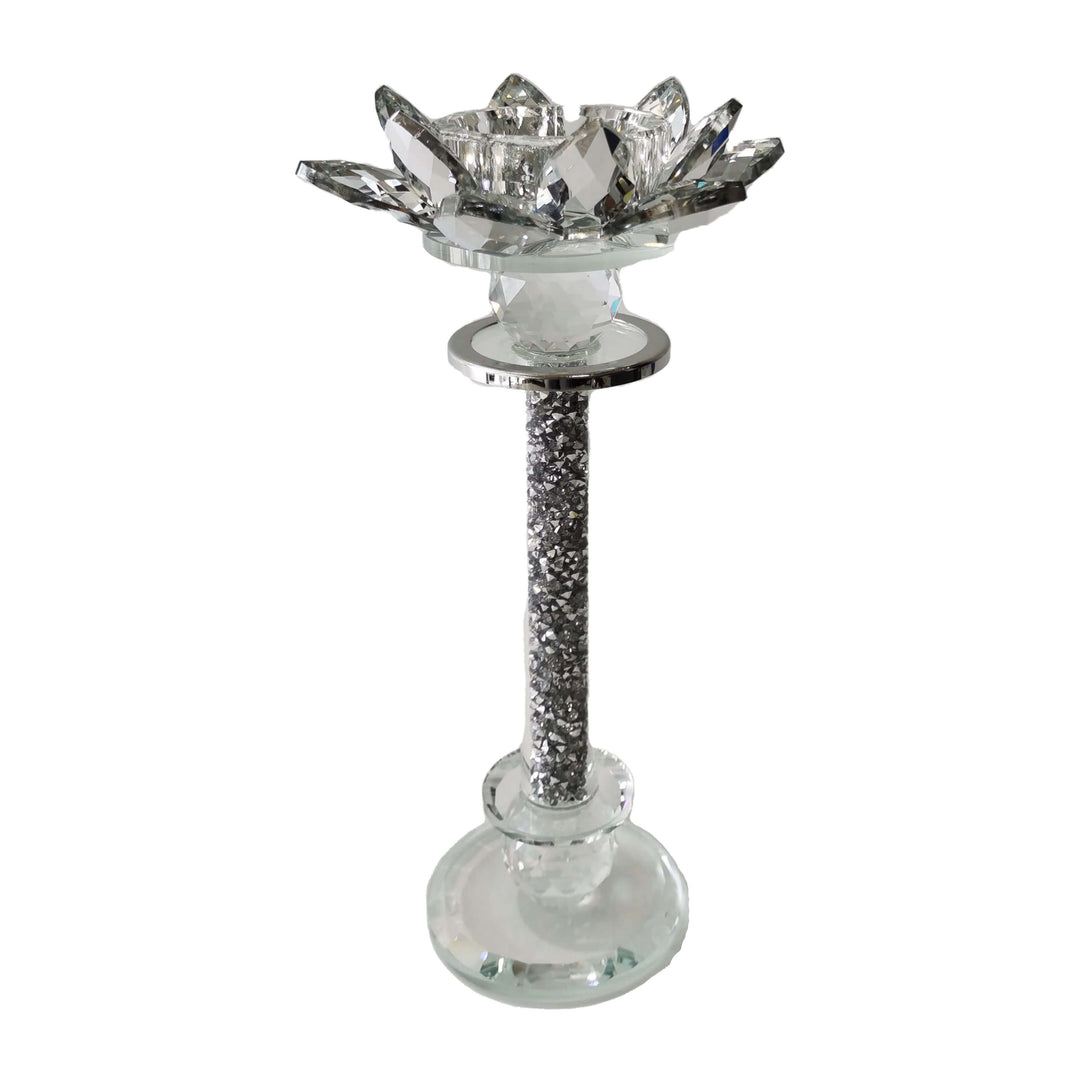 Glass, 9"h Lotus Glitter Candle Holder, Silver