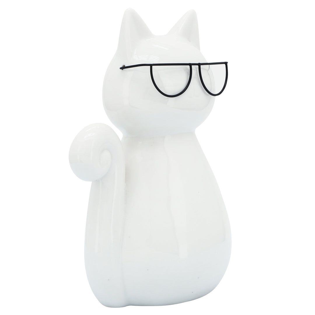 Porcelain, 7"h Cat W/ Glasses, White