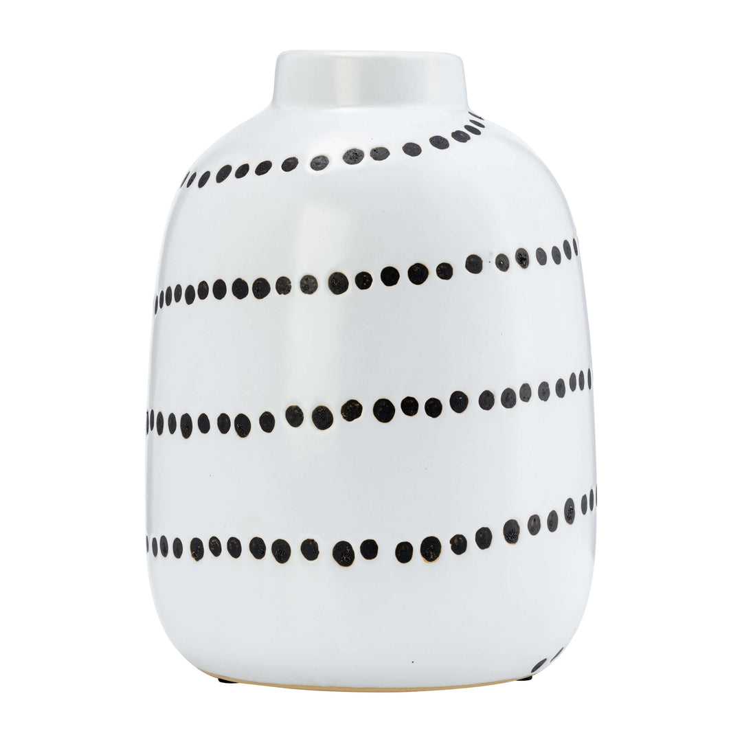 Cer, 9"h Spiral Dot Flower Vase, White/black