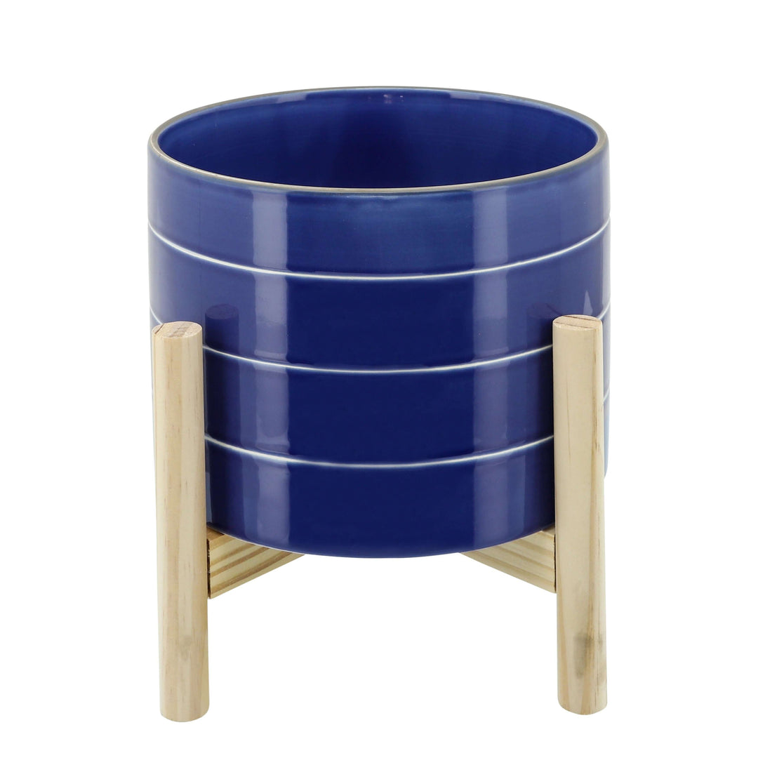   8" Striped Planter W/ Wood Stand, Navy