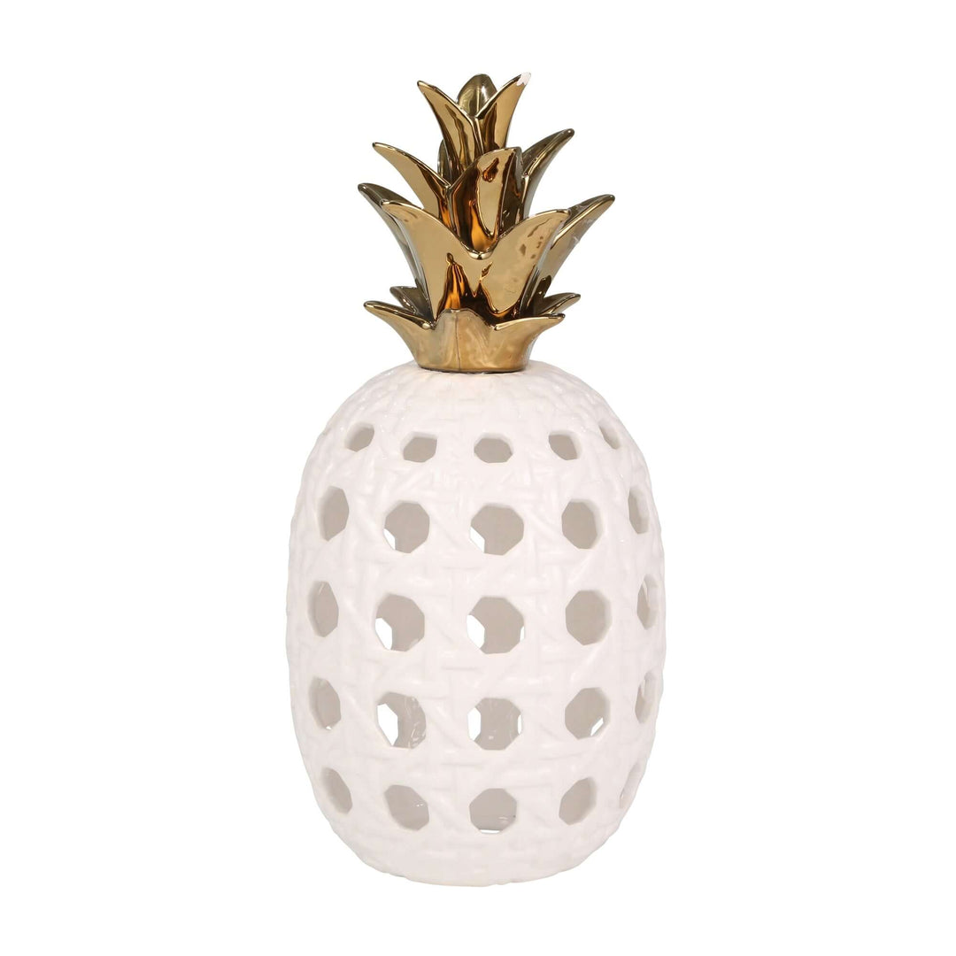 Ceramic 16" Lattice Weave Pineapple, White / Gold
