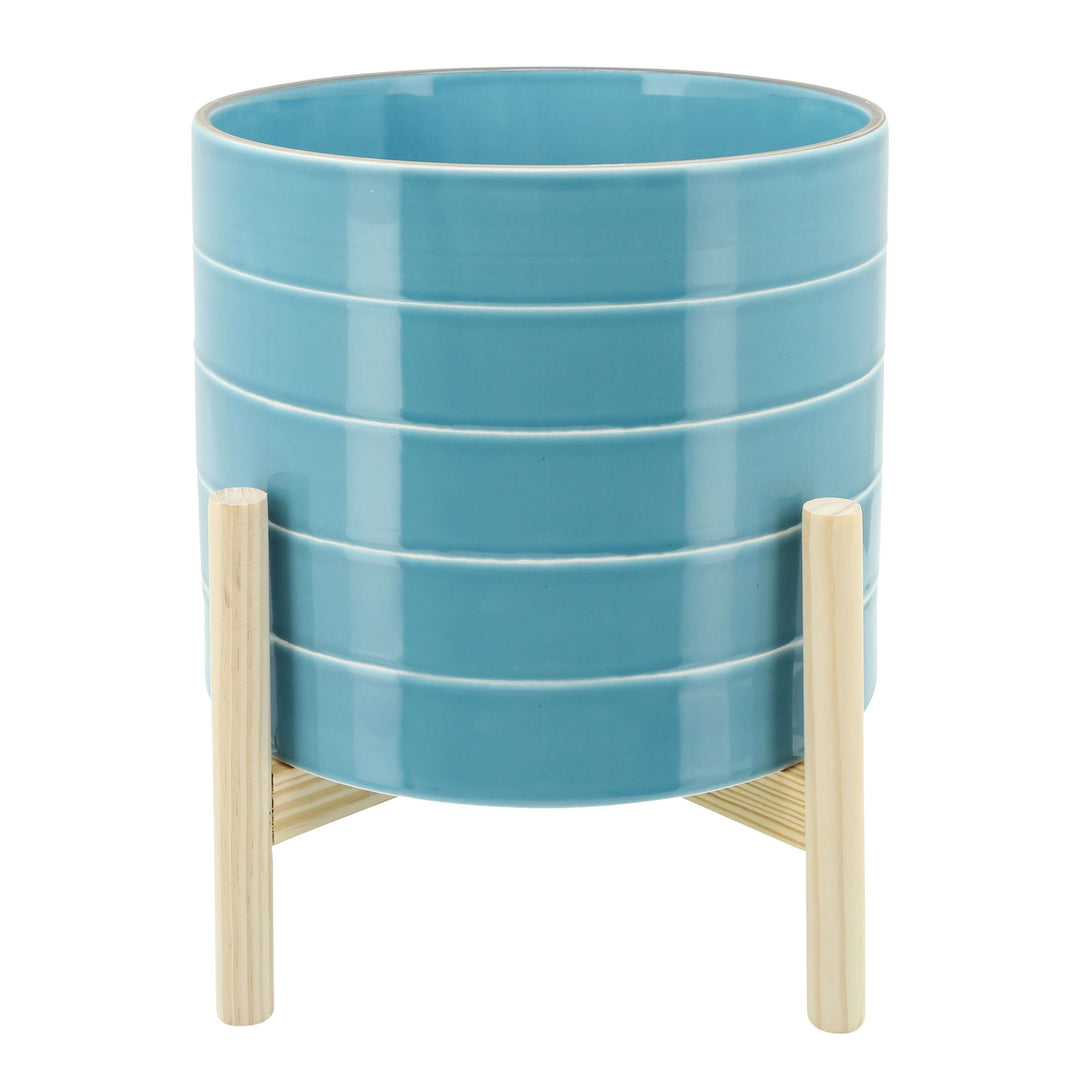   10" Striped Planter W/ Wood Stand, Skyblue