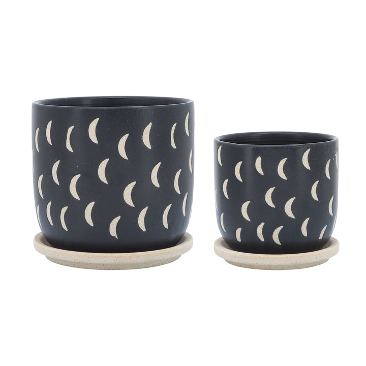 Ceramic S/2 5/6" Moon Planter Saucer, Black