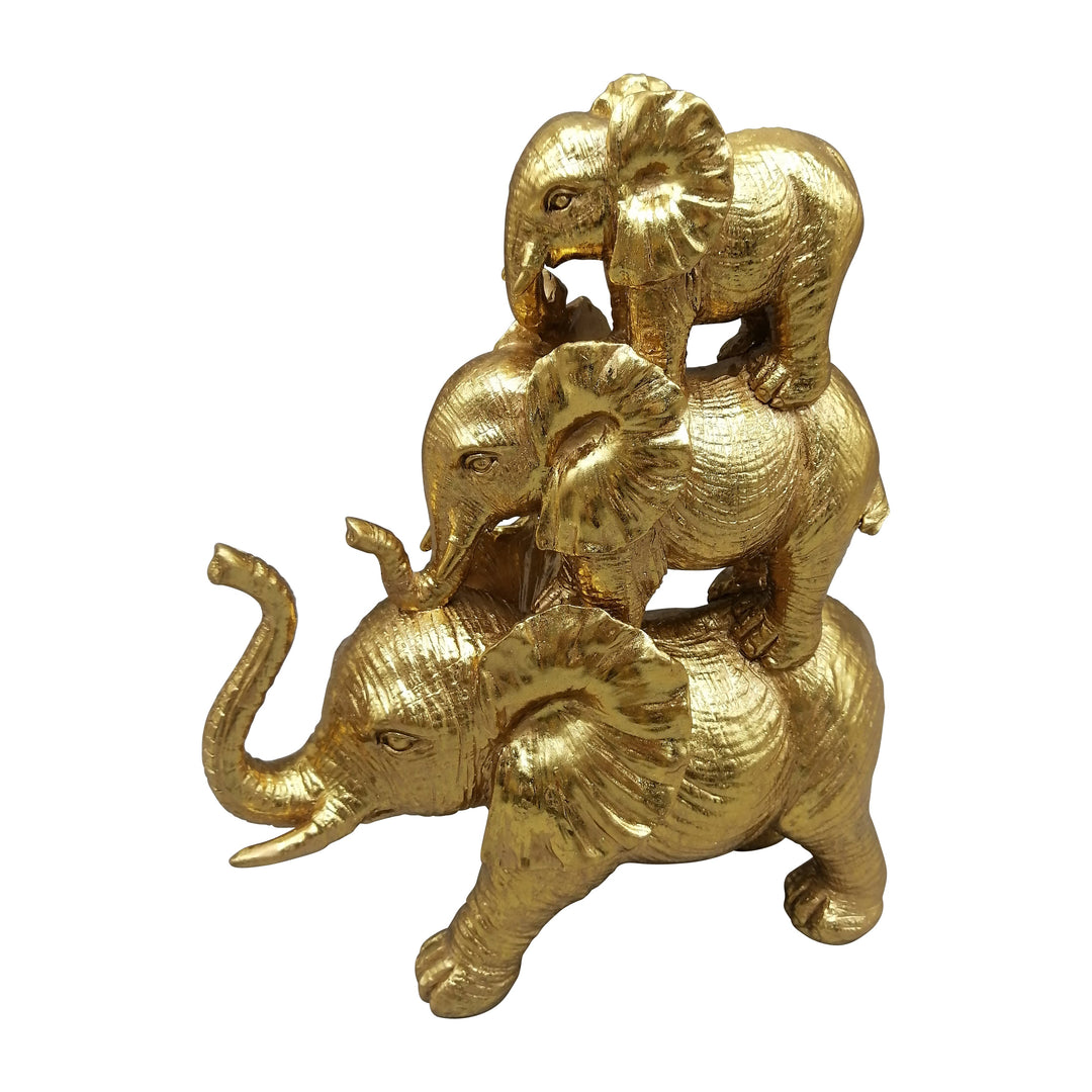 Resin, 10" Stacked Raised Trunk Elephants, Gold