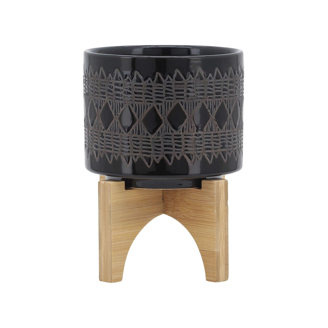 Ceramic 5" Aztec Planter On Wooden Stand, Black