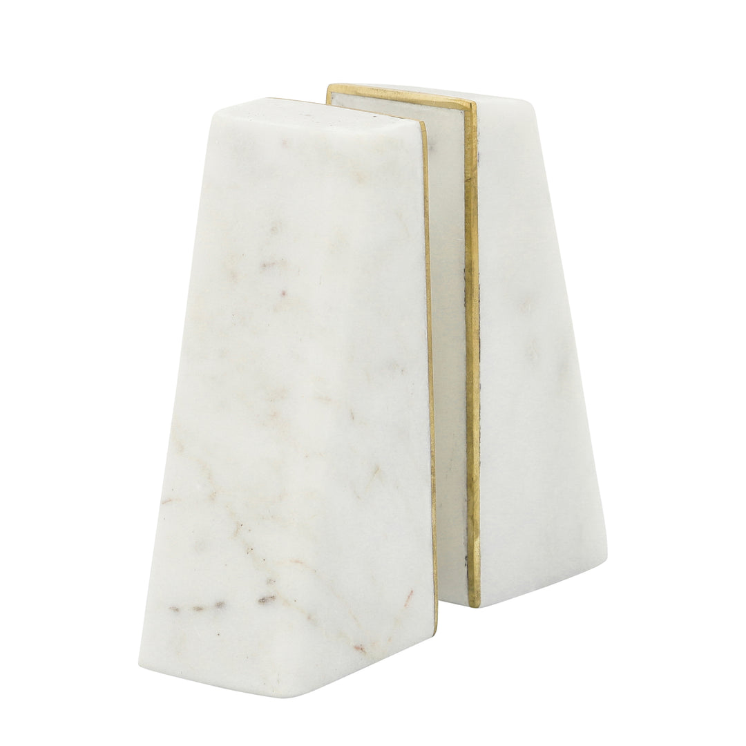 S/2 Marble 7"h Slanted Bookends W/gold Trim,white