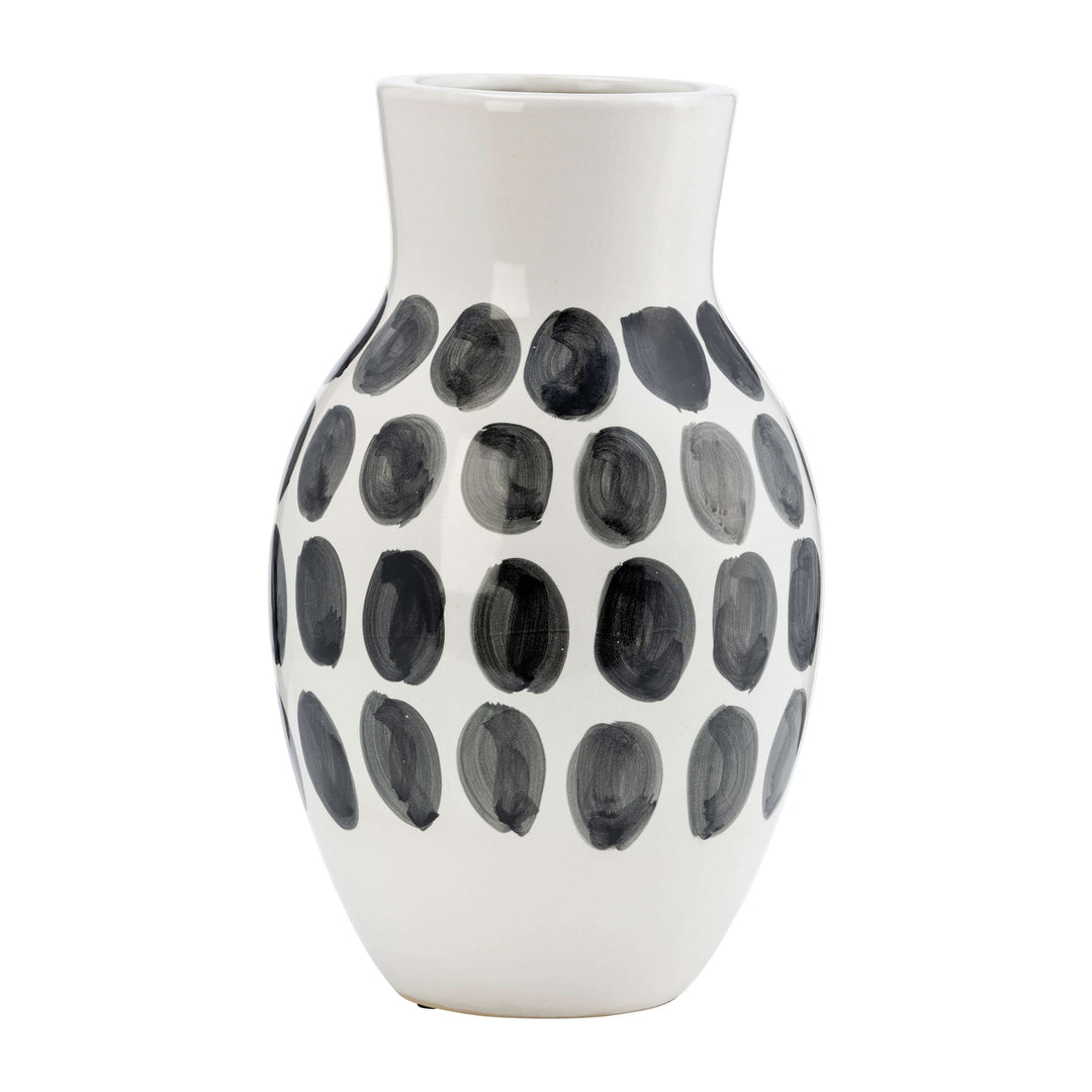 Cer, 10"h Blk Polk-a-dot Flower Vase, White