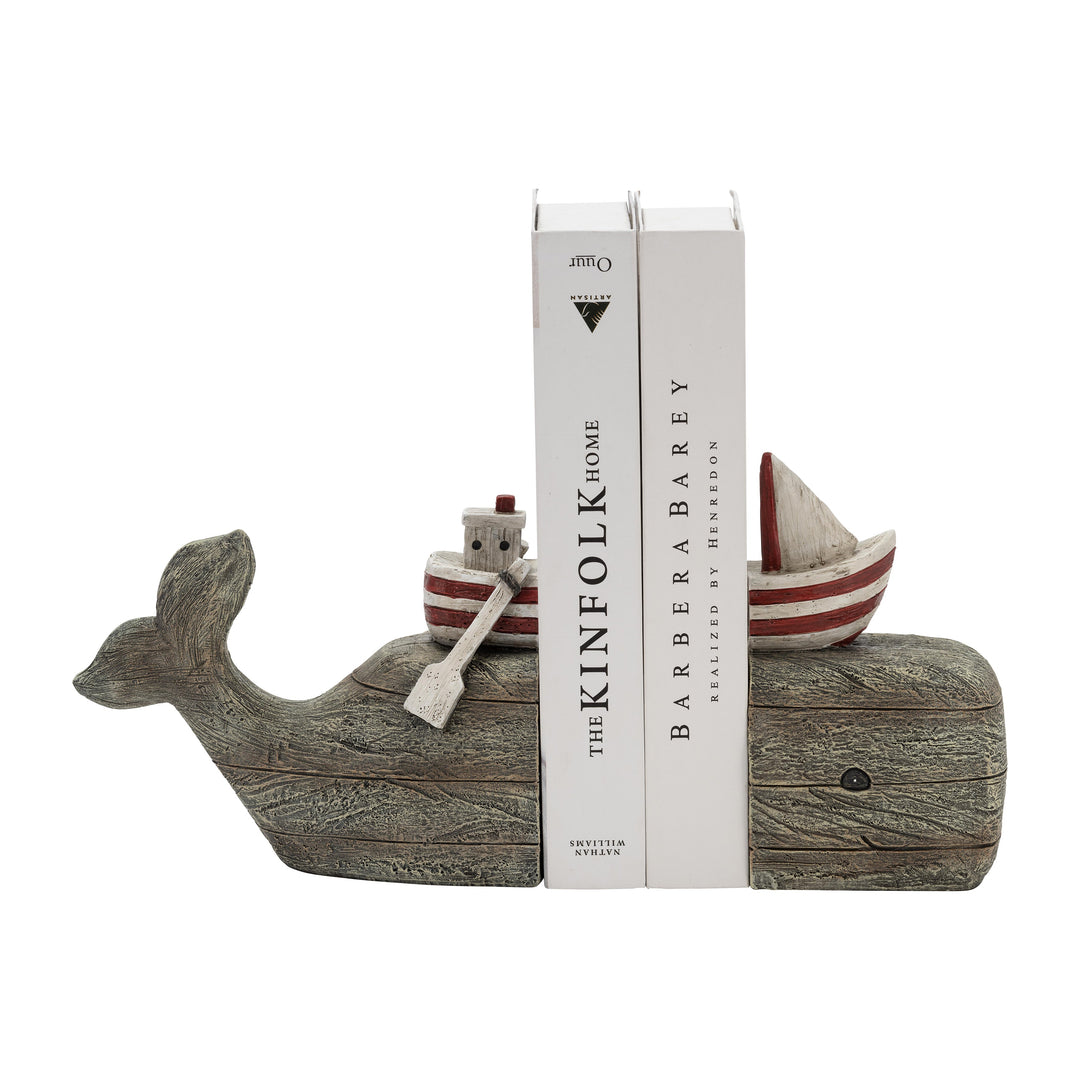 Resin, S/2 7"h Whale Bookends, Natural