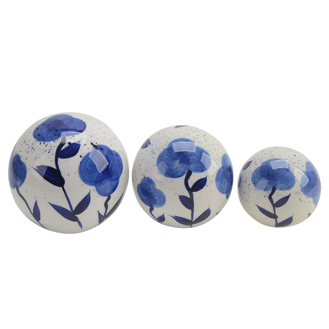 Cer, S/3 Flower Painted Orbs, 4/5/6" Blue