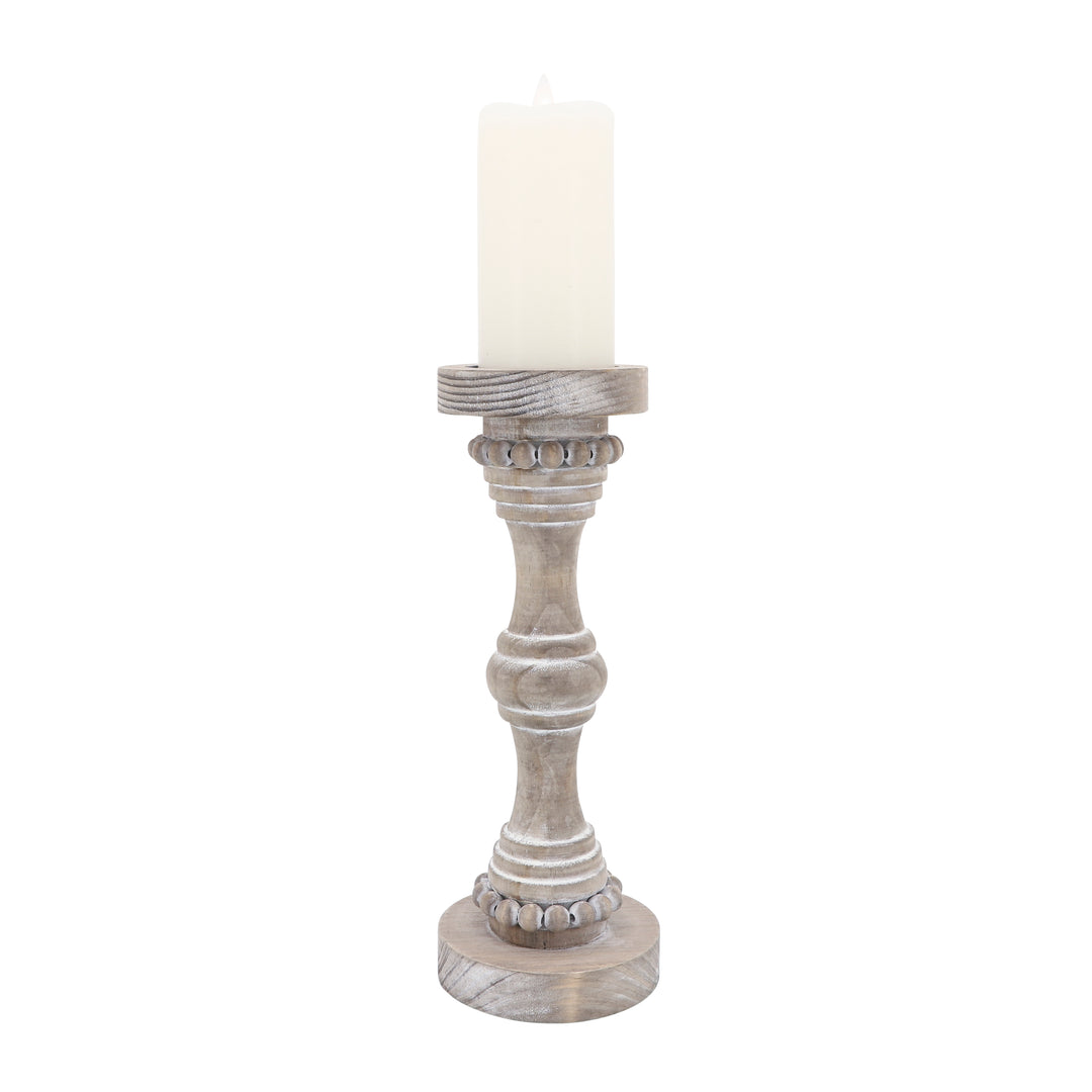Wood, 14" Banded Bead Candle Holder, Antique White