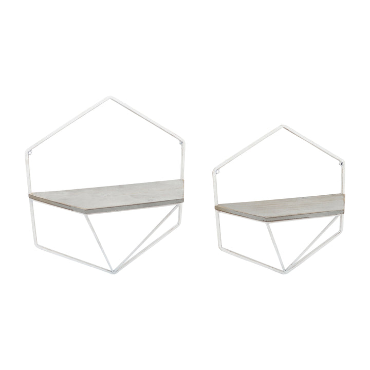S/2 Metal / Wood Hexagon Wall Shelves, Wht/gray
