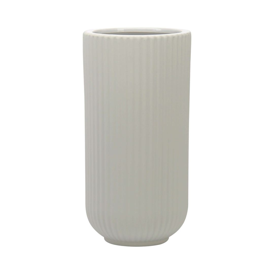 Cer, 9"h Ridged Vase, White