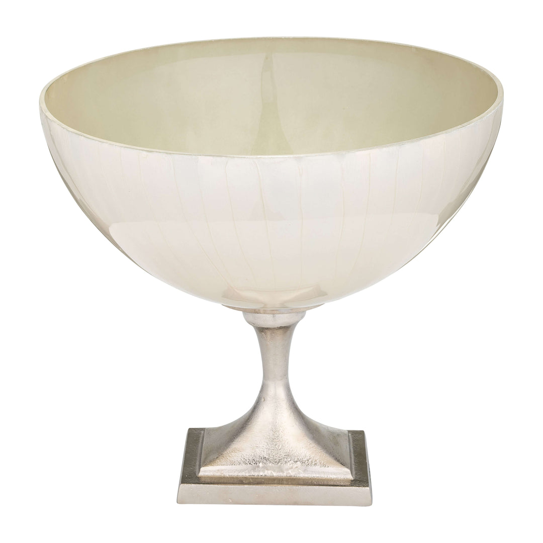 Glass, 11" Bowl W/ Metal Stand, Pearl White
