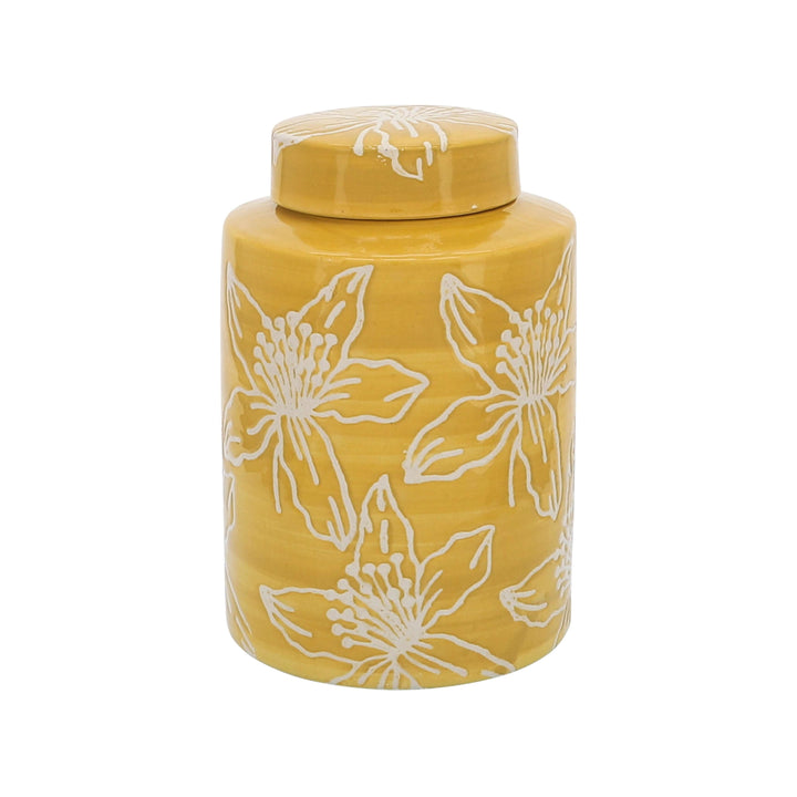 Cer, 9"h Flower Jar W/ Lid, Yellow